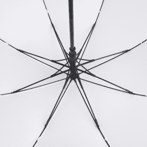 An open black umbrella viewed from underneath, showcasing the ribs and framework.