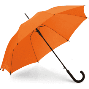 An orange umbrella with a black handle and a branding logo. Ideal for leisure and outdoor use.