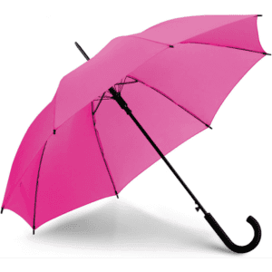 A pink umbrella with a black handle and frame, featuring a logo on the canopy.