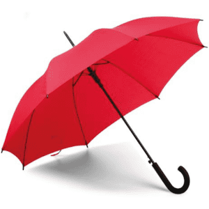 A red umbrella with a black handle and a curved end, featuring a logo on the canopy.