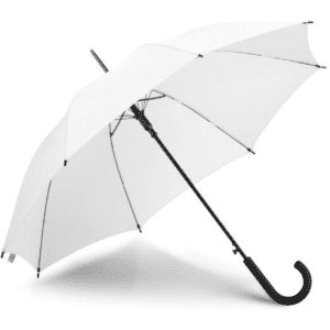 A white umbrella with a black handle and a sleek design, featuring a logo on the canopy.