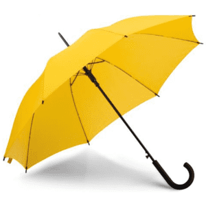 A yellow umbrella with a black handle and frame, featuring a logo on its surface.