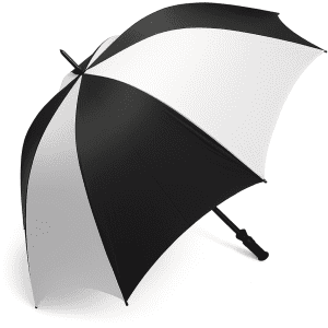 A black and white golf umbrella with a sturdy handle and a logo on the canopy.