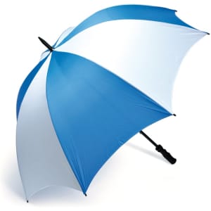 A blue and white golf umbrella with a curved handle and a logo on the shaft.