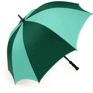 A green and cyan golf umbrella with a curved handle and a large canopy, featuring a logo.