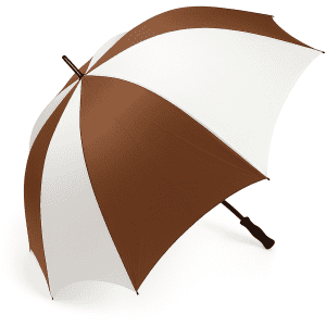 A golf umbrella featuring a brown and white striped design with a sturdy handle and a logo.