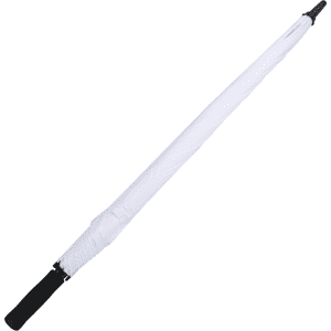 A white golf umbrella with a black handle, featuring a textured grip and a sleek design.
