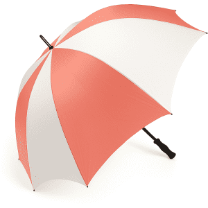 A pink and white striped golf umbrella with a sturdy black handle and a logo on the shaft.