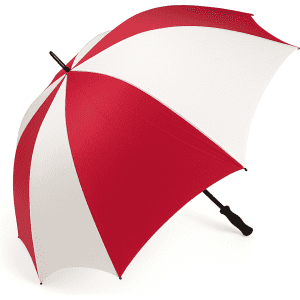A red and white golf umbrella with a black handle, featuring a single logo on the canopy.