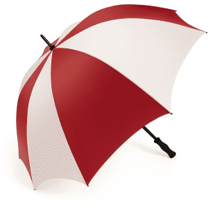 A large golf umbrella featuring red and white panels with a black handle and a branding logo.