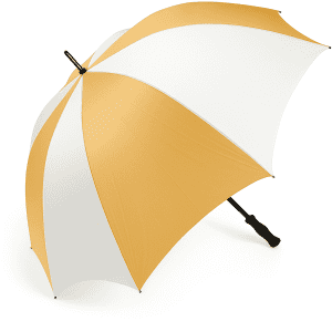 A large golf umbrella with a yellow and white canopy and a black handle. It features a logo on the canopy.