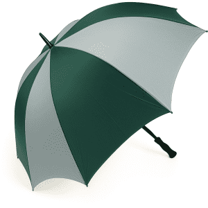 A large golf umbrella in dark green and light grey, featuring a curved handle and a logo on the canopy.