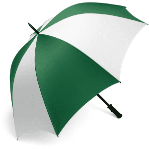 A green and white golf umbrella with a curved handle and a branding logo.