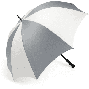 A large golf umbrella in grey and white, featuring a black handle and a logo on the canopy.