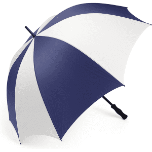 A navy and white golf umbrella featuring a sleek design and a handle with a grip. It has a branding logo.