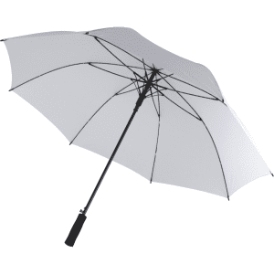 A golf umbrella with a white canopy and a black handle, featuring a structural frame.
