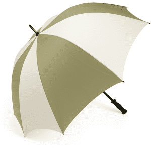 A large golf umbrella in olive green and cream, featuring a curved handle and a logo on the canopy.