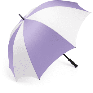 A large golf umbrella in purple and white, featuring a sturdy handle and a logo on the canopy.