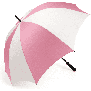 A pink and white golf umbrella with a black handle, featuring a logo on the surface.