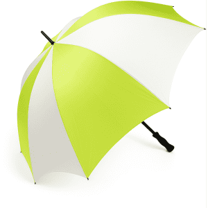 A golf umbrella featuring a vibrant green and white design, with a black handle and a logo on the canopy.