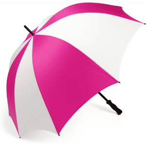A pink and white golf umbrella with a curved handle and a logo on the handle.
