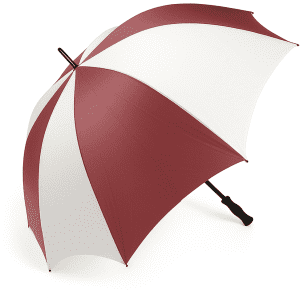 A golf umbrella featuring a maroon and white striped design, with a sturdy handle and a logo.