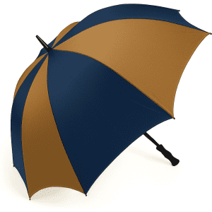 A large golf umbrella featuring a navy blue and brown colour scheme, with a curved handle and a logo on the canopy.