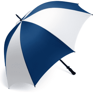 A golf umbrella featuring a blue and white design, with a sturdy handle and a logo on the shaft.