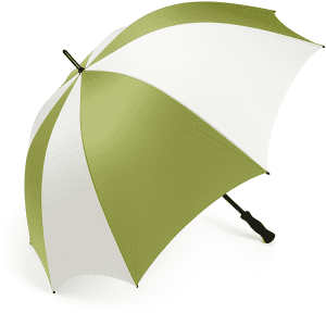 A large golf umbrella with green and white panels and a black handle. It features a logo on the shaft.