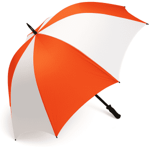 A large golf umbrella in orange and white, featuring a sturdy handle and a sleek design. It has a logo on the fabric.