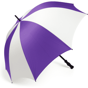 A large golf umbrella featuring a purple and white striped design with a black handle. It has a logo on the fabric.