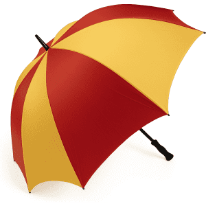 A large golf umbrella featuring alternating red and yellow panels, with a black handle and a logo.
