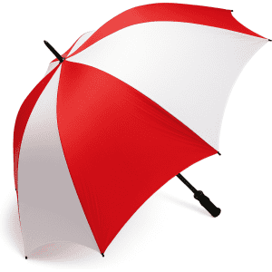 A large golf umbrella featuring a red and white design, with a sturdy handle and a branding logo.