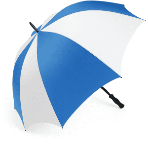 A blue and white striped golf umbrella with a black handle, featuring a logo on the canopy.