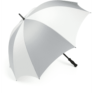 A large grey and white golf umbrella with a black handle and a logo on the shaft.