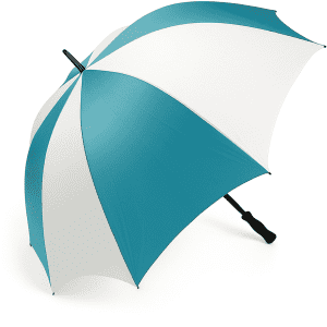 A golf umbrella featuring a teal and white design with a sturdy black handle and a branding logo.