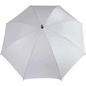 A large, white golf umbrella with a solid canopy and a central black handle.