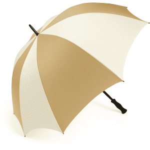 A large golf umbrella in cream and light brown with a black handle and a branding logo.