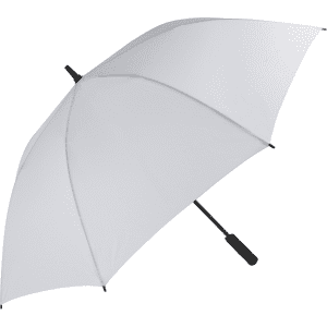 A large white golf umbrella with a black handle and a logo on the canopy.