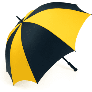 A golf umbrella in yellow and black with a curved handle and a logo on the canopy.