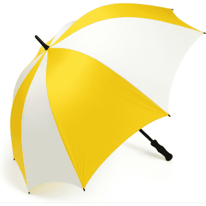 A large umbrella with yellow and white panels, featuring a black handle and a logo on the shaft.