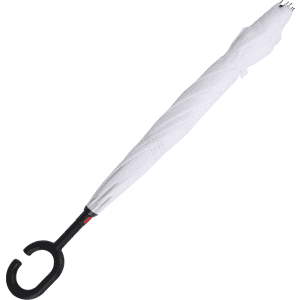 An inverted umbrella in white with a black handle and a curved hook end. It features a branding logo.