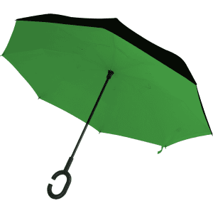 An inverted umbrella with a green interior and black exterior, featuring a C-shaped handle and a curved design.