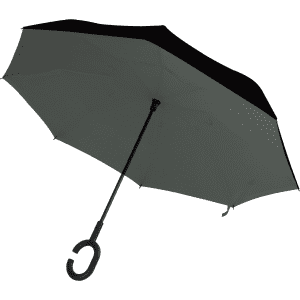 An inverted umbrella with a black canopy and a curved handle. The umbrella features a sleek design.