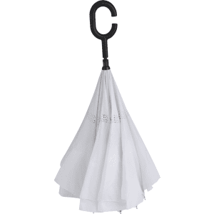 A white inverted umbrella with a C-shaped handle and decorative stitching. It includes a logo on the handle.
