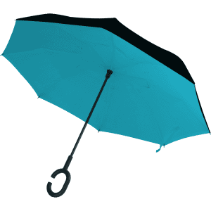 An inverted umbrella featuring a turquoise canopy and a black edge, with a curved black handle.
