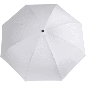 A white inverted umbrella with a black centre button, featuring a sleek, simple design.