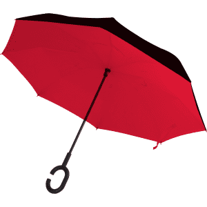 A red and black inverted umbrella featuring a curved handle and a sleek design, with a logo present on the fabric.