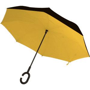 An inverted umbrella with a yellow canopy and black edges, featuring a curved black handle.