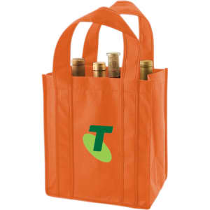 An orange bag featuring a logo, holding six drink bottles securely.